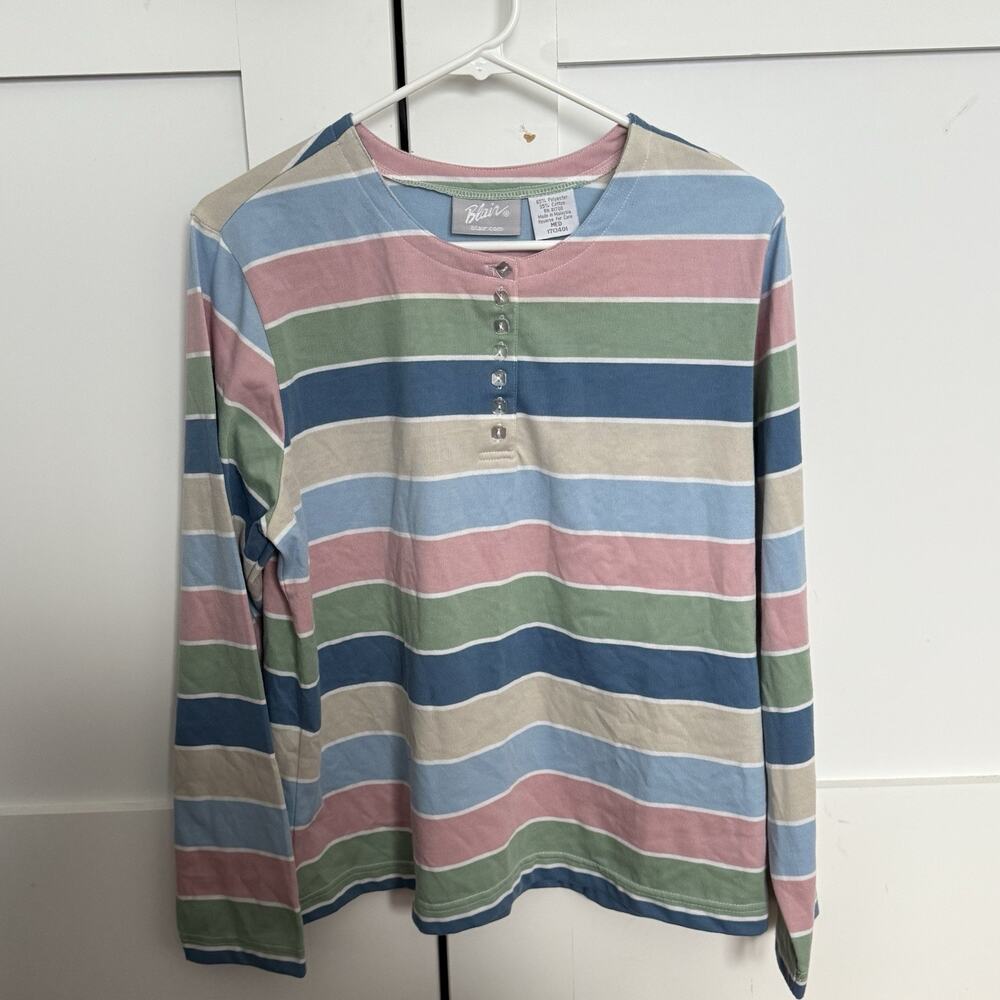 Blair Women's M Striped Multicolor Long Sleeve Knit Button Top Round Neck